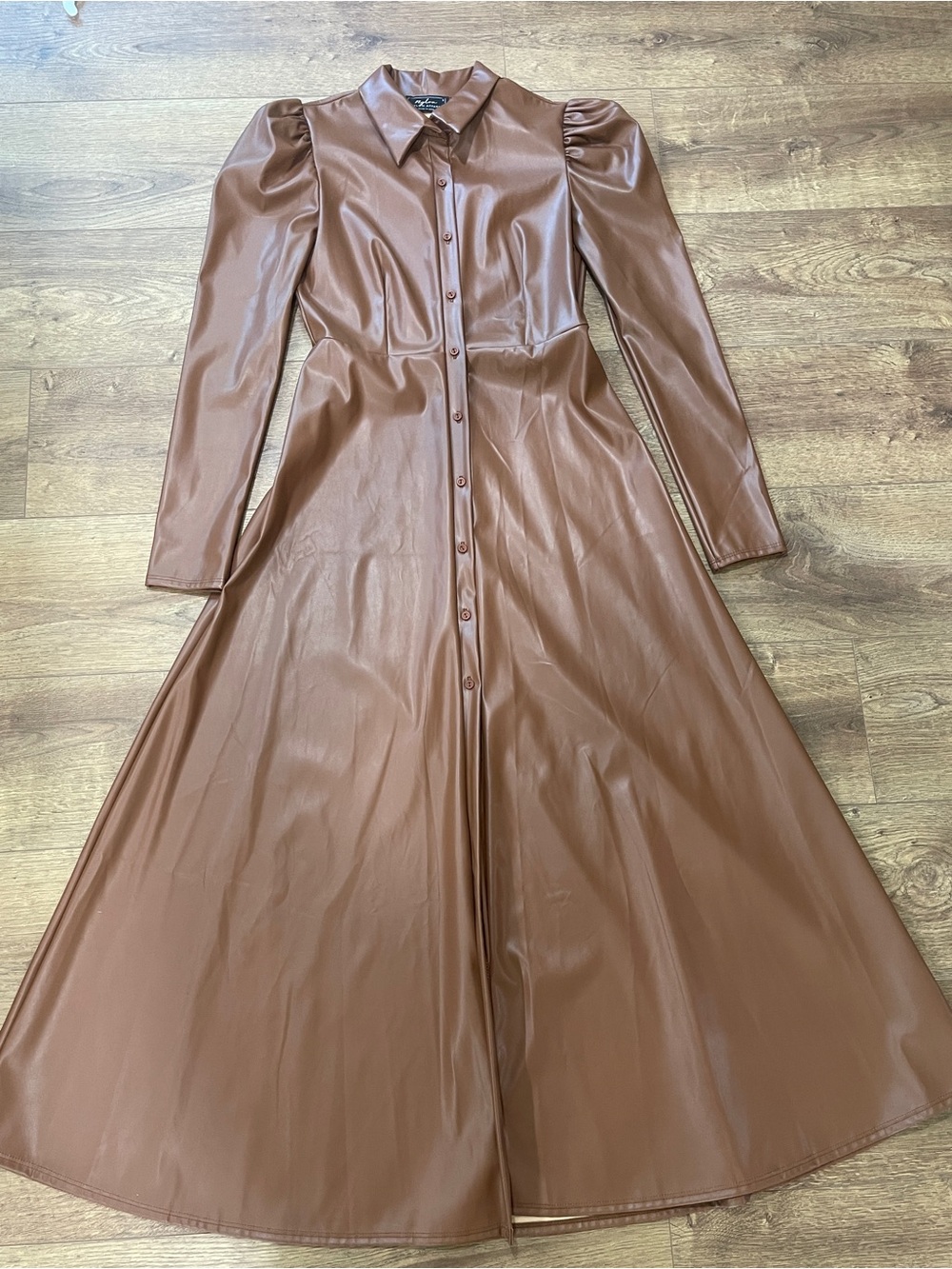 Faux Leather Button-Front Midi Dress in Brown